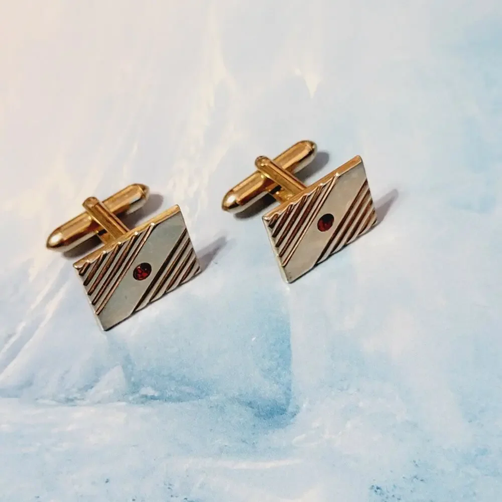 Vintage‎ Swank Gold-tone & Red Rhinestone Rectangular Cufflinks- Mid-century cl-